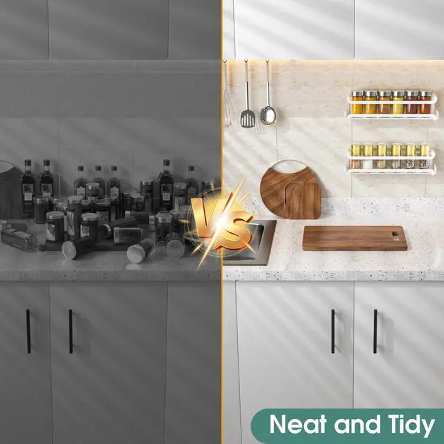 Alt view image 7 of 7 - 2 Pack Wall Mounted Spice Rack for Spice Jars & Seasonings (White) | 8 Metal Hooks, Space-Saving,Screw or Adhesive Spice Shelf Hanging,for Kitchen Cabinet,Pantry Door,RV,Camper Spice Orgnaizer