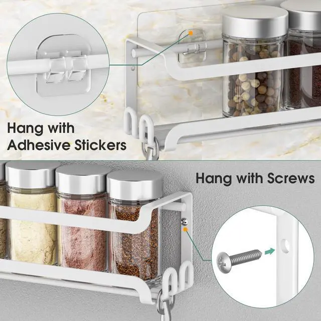 Alt view image 6 of 7 - 2 Pack Wall Mounted Spice Rack for Spice Jars & Seasonings (White) | 8 Metal Hooks, Space-Saving,Screw or Adhesive Spice Shelf Hanging,for Kitchen Cabinet,Pantry Door,RV,Camper Spice Orgnaizer