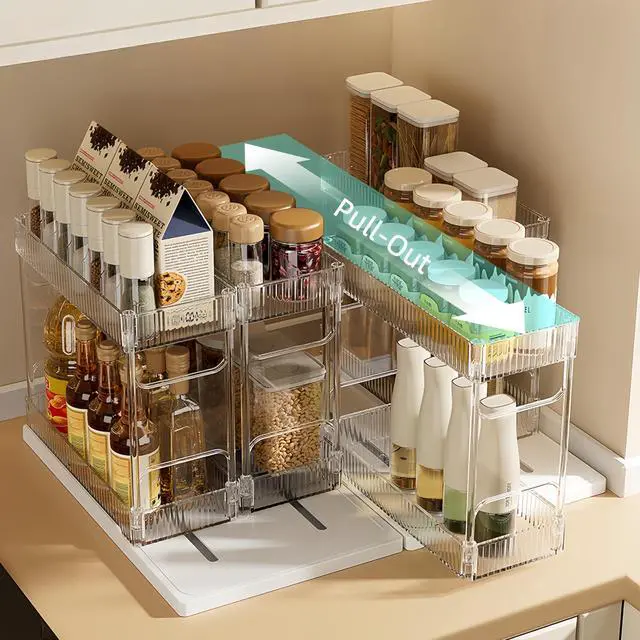 Alt view image 2 of 7 - Pull Out Spice Rack Organizer for Cabinet, Rotatable 2 Tier Slide Out Seasoning Organizer and Storage Adhesive Vertical Spice Rack Shelf Pullout for Kitchen Cabinets(2 Drawer, Acrylic)