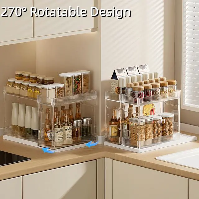 Alt view image 3 of 7 - Pull Out Spice Rack Organizer for Cabinet, Rotatable 2 Tier Slide Out Seasoning Organizer and Storage Adhesive Vertical Spice Rack Shelf Pullout for Kitchen Cabinets(2 Drawer, Acrylic)