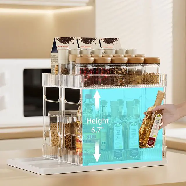 Alt view image 4 of 7 - Pull Out Spice Rack Organizer for Cabinet, Rotatable 2 Tier Slide Out Seasoning Organizer and Storage Adhesive Vertical Spice Rack Shelf Pullout for Kitchen Cabinets(2 Drawer, Acrylic)