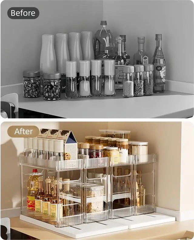 Alt view image 5 of 7 - Pull Out Spice Rack Organizer for Cabinet, Rotatable 2 Tier Slide Out Seasoning Organizer and Storage Adhesive Vertical Spice Rack Shelf Pullout for Kitchen Cabinets(2 Drawer, Acrylic)
