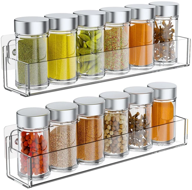 Main image of Transparent Acrylic Adhesive Spice Rack with Strong Adhesive Tape, Suitable for Kitchen Cabinet, Refrigerator, Pantry, Wall-Mounted Seasoning Rack (2 Pack) Remove Matte Protective Film Before Use