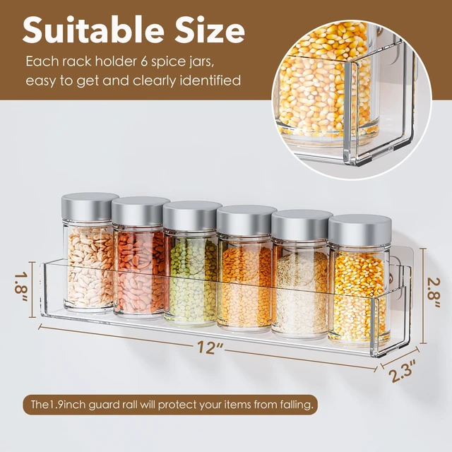 Alt view image 2 of 7 - Transparent Acrylic Adhesive Spice Rack with Strong Adhesive Tape, Suitable for Kitchen Cabinet, Refrigerator, Pantry, Wall-Mounted Seasoning Rack (2 Pack) Remove Matte Protective Film Before Use