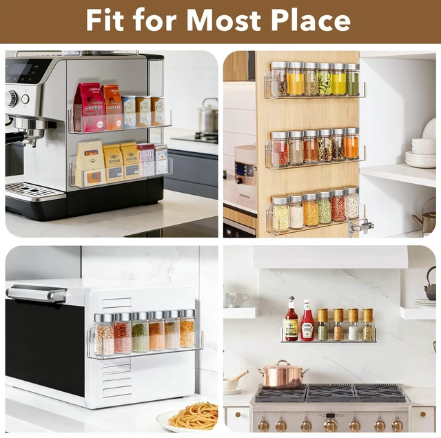 Alt view image 6 of 7 - Transparent Acrylic Adhesive Spice Rack with Strong Adhesive Tape, Suitable for Kitchen Cabinet, Refrigerator, Pantry, Wall-Mounted Seasoning Rack (2 Pack) Remove Matte Protective Film Before Use