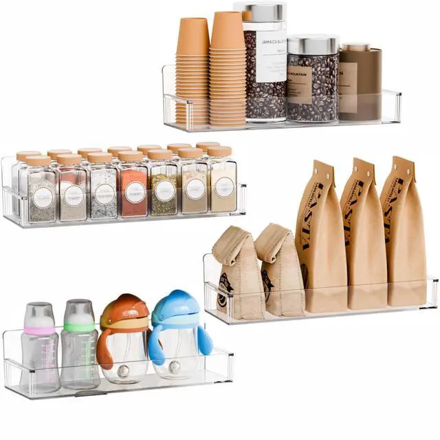 Main image of 4 Pack Clear Spice Rack Wall Mount with Adhesive,11.5L x 3.6W,Stick on Seasoning Jar Spice Organization for Cabinet Door or Pantry Door,Adhesive Wall Spice Rack for RV,Kitchen,Inside Cabinets