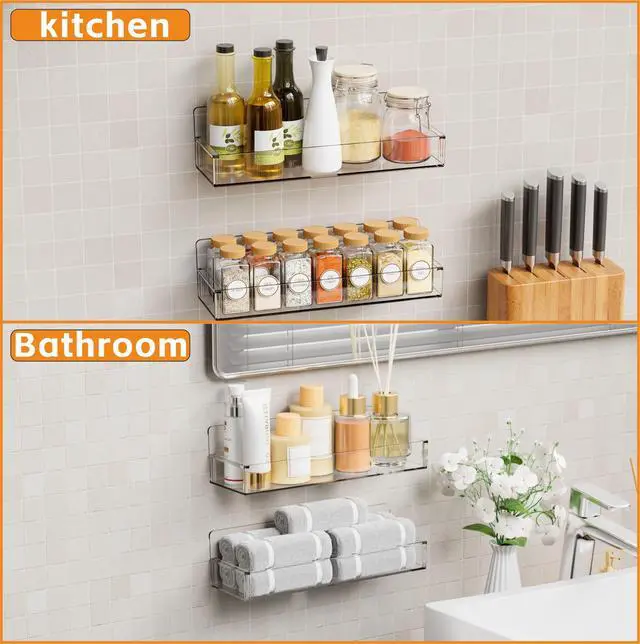Alt view image 5 of 7 - 4 Pack Clear Spice Rack Wall Mount with Adhesive,11.5L x 3.6W,Stick on Seasoning Jar Spice Organization for Cabinet Door or Pantry Door,Adhesive Wall Spice Rack for RV,Kitchen,Inside Cabinets