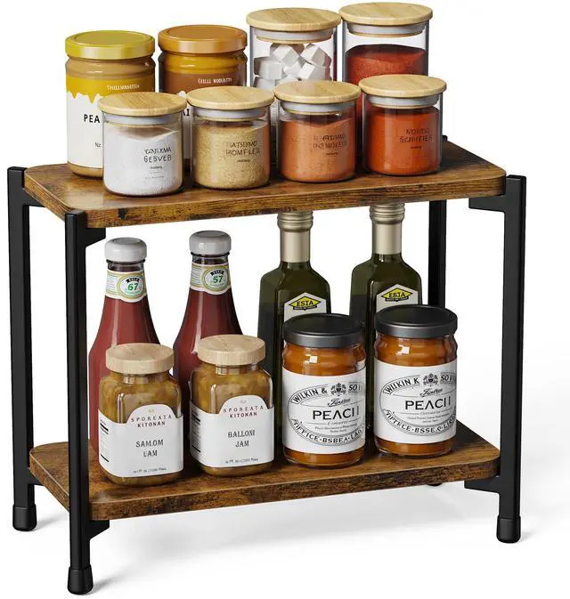 Main image of 2 Tier Spice Rack Organizer for Kitchen Countertop, Wood and Metal Seasoning Shelf, Space-Saving Spice Organizer for Kitchen Counter, Coffee Bar and Dining Table, Brown