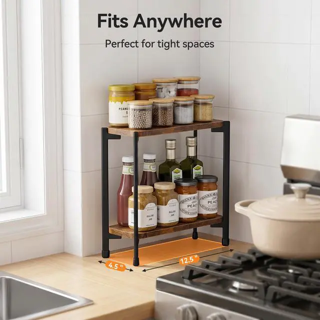 Alt view image 3 of 7 - 2 Tier Spice Rack Organizer for Kitchen Countertop, Wood and Metal Seasoning Shelf, Space-Saving Spice Organizer for Kitchen Counter, Coffee Bar and Dining Table, Brown