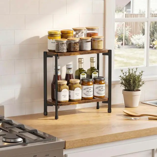 Alt view image 5 of 7 - 2 Tier Spice Rack Organizer for Kitchen Countertop, Wood and Metal Seasoning Shelf, Space-Saving Spice Organizer for Kitchen Counter, Coffee Bar and Dining Table, Brown