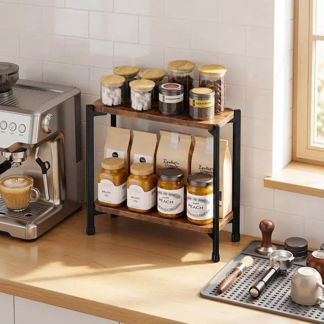Alt view image 6 of 7 - 2 Tier Spice Rack Organizer for Kitchen Countertop, Wood and Metal Seasoning Shelf, Space-Saving Spice Organizer for Kitchen Counter, Coffee Bar and Dining Table, Brown