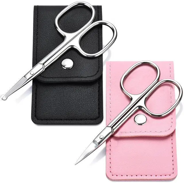 Main image of 2Pcs Precision Grooming Scissors, Pointed & Round Tip Small Mini Scissors with Leather Sheath, Professional Eyebrow Nose Hair Mustache Trimming Scissors for Women & Men, Gift Cosmetic Scissors Trip