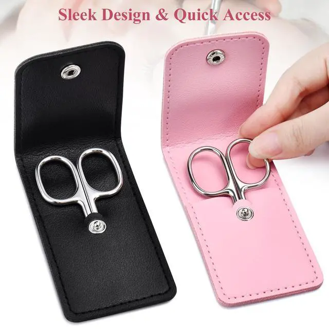 Alt view image 2 of 6 - 2Pcs Precision Grooming Scissors, Pointed & Round Tip Small Mini Scissors with Leather Sheath, Professional Eyebrow Nose Hair Mustache Trimming Scissors for Women & Men, Gift Cosmetic Scissors Trip
