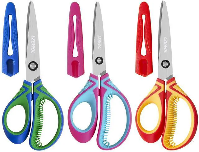 Main image of 6" Left-Handed Kids Scissors, Soft Grip 3-Pack, Ages 5-8 | Reversed blades for clear sightlines. Anti-chafing finger loops and secure snap-on guards for safe classroom use.