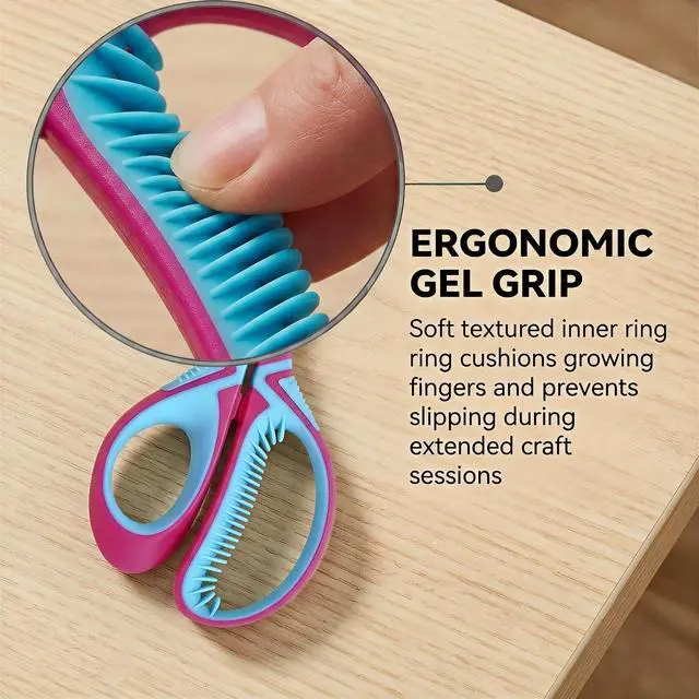 Alt view image 2 of 6 - 6" Left-Handed Kids Scissors, Soft Grip 3-Pack, Ages 5-8 | Reversed blades for clear sightlines. Anti-chafing finger loops and secure snap-on guards for safe classroom use.