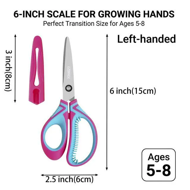 Alt view image 6 of 6 - 6" Left-Handed Kids Scissors, Soft Grip 3-Pack, Ages 5-8 | Reversed blades for clear sightlines. Anti-chafing finger loops and secure snap-on guards for safe classroom use.