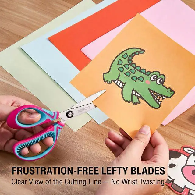 Alt view image 5 of 6 - 6" Left-Handed Kids Scissors, Soft Grip 3-Pack, Ages 5-8 | Reversed blades for clear sightlines. Anti-chafing finger loops and secure snap-on guards for safe classroom use.