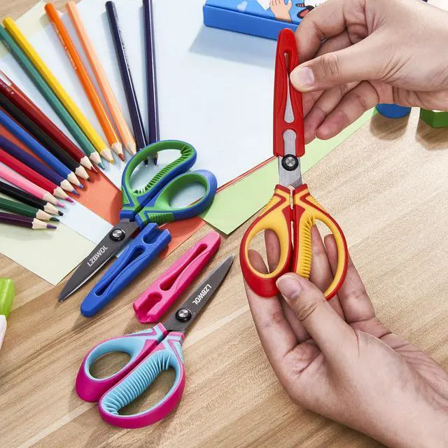 Alt view image 4 of 6 - 6" Left-Handed Kids Scissors, Soft Grip 3-Pack, Ages 5-8 | Reversed blades for clear sightlines. Anti-chafing finger loops and secure snap-on guards for safe classroom use.