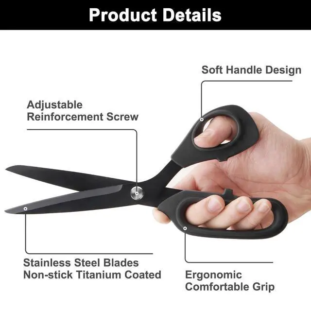 Alt view image 4 of 7 - 10 inch Black Office Scissors All Purpose, Sewing Scissors for Fabric Cutting, Sharp Titanium Coated Blade, Comfort Grip Soft Handles for Diy Craft, Paper, Art, School, Home