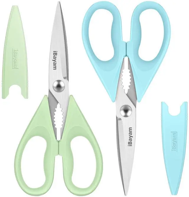 Main image of 8.7" Heavy Duty Kitchen Scissors All Purpose 2-Pack Pistachio/Blue | Sharp stainless steel blades, cut meat, chicken & vegetables. Ergonomic comfort grip, dishwasher safe, includes blade covers