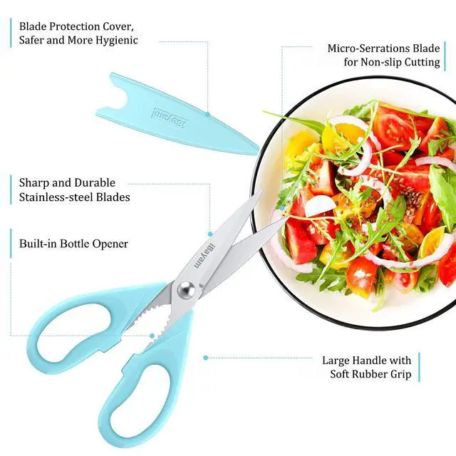Alt view image 2 of 7 - 8.7" Heavy Duty Kitchen Scissors All Purpose 2-Pack Pistachio/Blue | Sharp stainless steel blades, cut meat, chicken & vegetables. Ergonomic comfort grip, dishwasher safe, includes blade covers