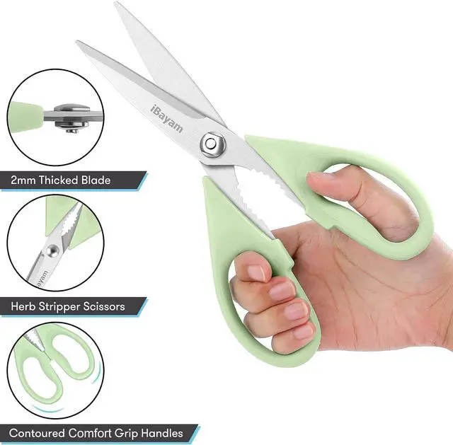 Alt view image 4 of 7 - 8.7" Heavy Duty Kitchen Scissors All Purpose 2-Pack Pistachio/Blue | Sharp stainless steel blades, cut meat, chicken & vegetables. Ergonomic comfort grip, dishwasher safe, includes blade covers