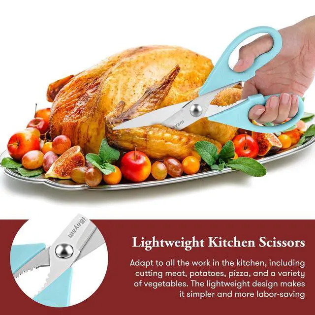 Alt view image 5 of 7 - 8.7" Heavy Duty Kitchen Scissors All Purpose 2-Pack Pistachio/Blue | Sharp stainless steel blades, cut meat, chicken & vegetables. Ergonomic comfort grip, dishwasher safe, includes blade covers
