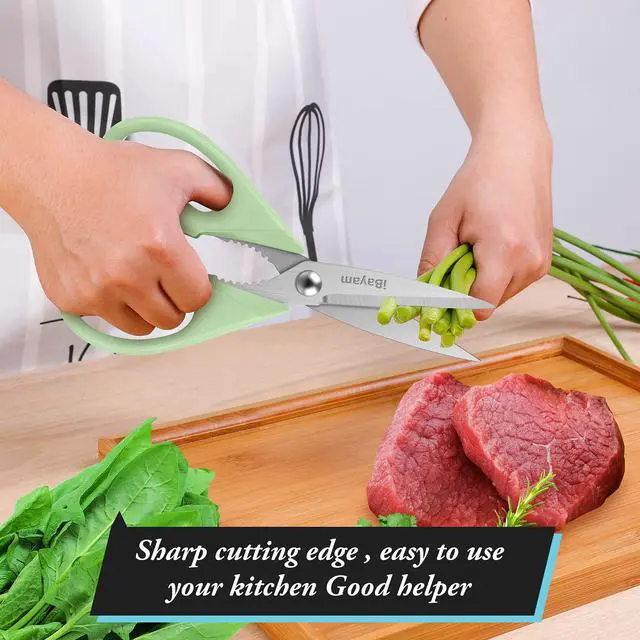 Alt view image 6 of 7 - 8.7" Heavy Duty Kitchen Scissors All Purpose 2-Pack Pistachio/Blue | Sharp stainless steel blades, cut meat, chicken & vegetables. Ergonomic comfort grip, dishwasher safe, includes blade covers