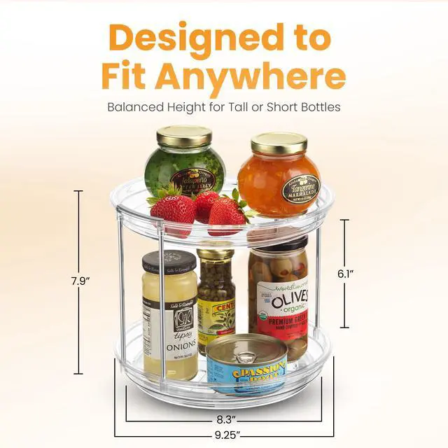 Alt view image 2 of 6 - 2 Tier Lazy Susan Organizer for Cabinet, Clear Acrylic Rotating Spice Rack Turntable for Kitchen, Pantry, Countertop, Bathroom, Vanity Double Tier Storage Carousel with Metal Supports