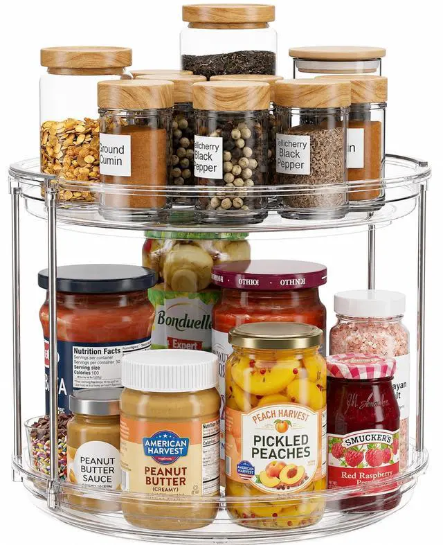 Main image of 2 Tier Lazy Susan Organizer for Cabinet, Clear Acrylic Rotating Spice Rack Turntable for Kitchen, Pantry, Countertop, Bathroom, Vanity Double Tier Storage Carousel with Metal Supports