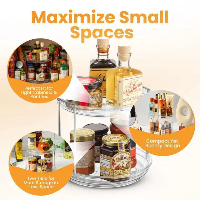 Alt view image 4 of 6 - 2 Tier Lazy Susan Organizer for Cabinet, Clear Acrylic Rotating Spice Rack Turntable for Kitchen, Pantry, Countertop, Bathroom, Vanity Double Tier Storage Carousel with Metal Supports