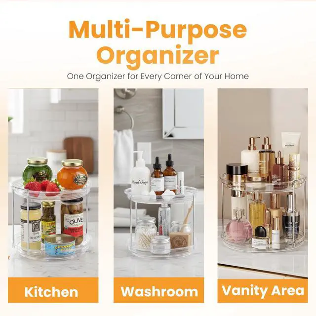 Alt view image 5 of 6 - 2 Tier Lazy Susan Organizer for Cabinet, Clear Acrylic Rotating Spice Rack Turntable for Kitchen, Pantry, Countertop, Bathroom, Vanity Double Tier Storage Carousel with Metal Supports