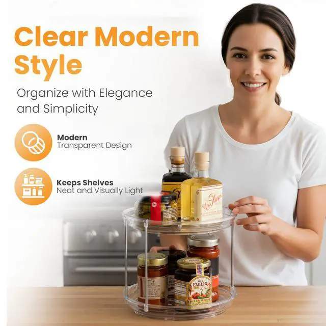 Alt view image 6 of 6 - 2 Tier Lazy Susan Organizer for Cabinet, Clear Acrylic Rotating Spice Rack Turntable for Kitchen, Pantry, Countertop, Bathroom, Vanity Double Tier Storage Carousel with Metal Supports