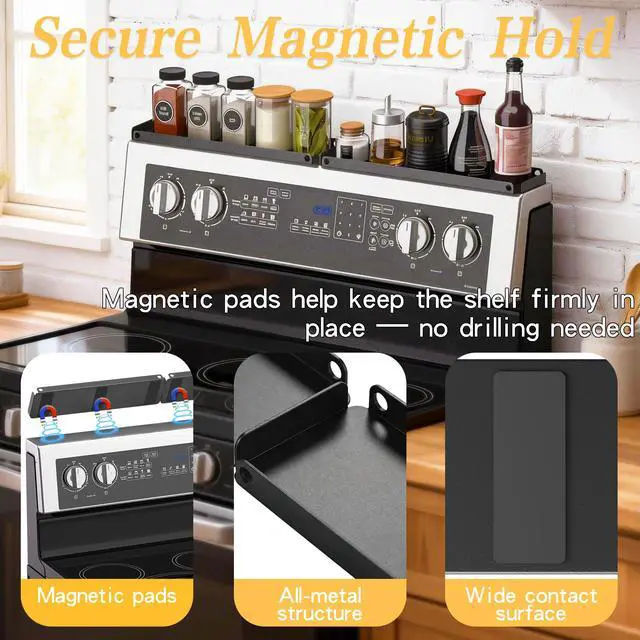 Alt view image 3 of 7 - Magnetic Stove Top Shelf for 30" Stoves, Over Oven Spice Rack Organizer, Heavy-Duty Steel, Dual Installation with Magnet or Adhesive, Heat-Resistant Kitchen Storage Shelf (Standard Version)
