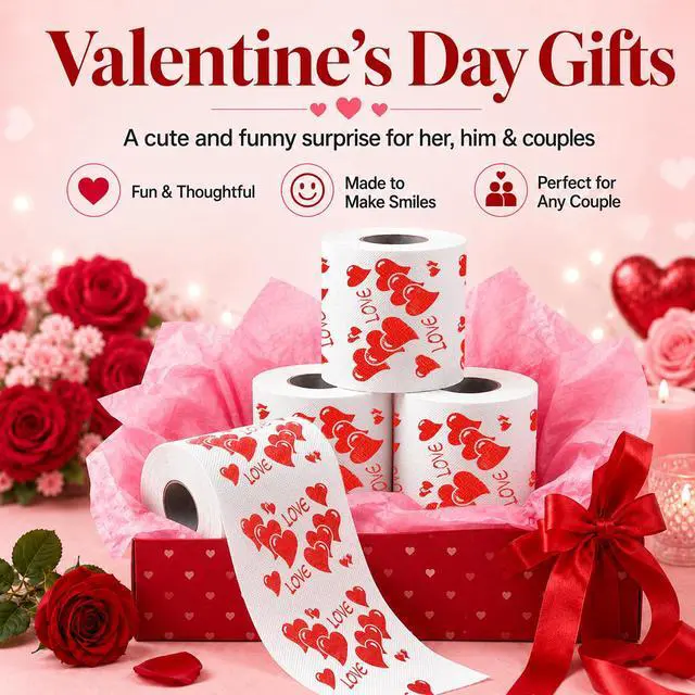 Alt view image 2 of 7 - Happy Valentines Day Decorations Gifts for Him Her Mens Women Adult | 3 Ply 150 Sheet Funny Toilet Paper Roll, Red Love Heart Tissue Paper, Friends Bathroom Toilet Themed Party Decorations Favors