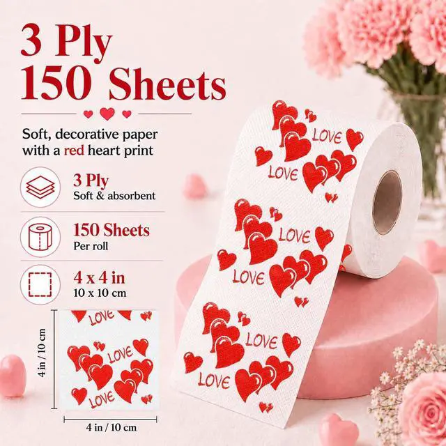 Alt view image 3 of 7 - Happy Valentines Day Decorations Gifts for Him Her Mens Women Adult | 3 Ply 150 Sheet Funny Toilet Paper Roll, Red Love Heart Tissue Paper, Friends Bathroom Toilet Themed Party Decorations Favors