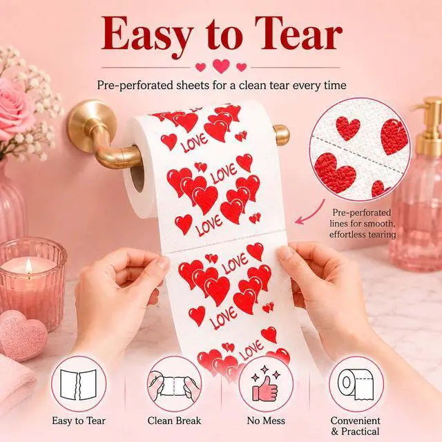 Alt view image 5 of 7 - Happy Valentines Day Decorations Gifts for Him Her Mens Women Adult | 3 Ply 150 Sheet Funny Toilet Paper Roll, Red Love Heart Tissue Paper, Friends Bathroom Toilet Themed Party Decorations Favors