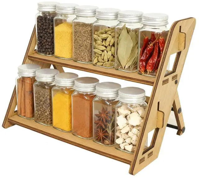 Main image of Spice Rack Organizer Foldable Countertop Spice Organizer for Kitchen Counter Dining Table Farmhouse Wooden Tiered Spice Shelf 11.34x7.7x9.15 Inches(Brown)