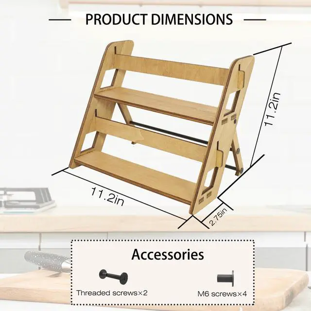 Alt view image 3 of 7 - Spice Rack Organizer Foldable Countertop Spice Organizer for Kitchen Counter Dining Table Farmhouse Wooden Tiered Spice Shelf 11.34x7.7x9.15 Inches(Brown)