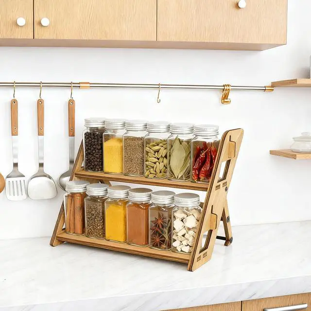 Alt view image 2 of 7 - Spice Rack Organizer Foldable Countertop Spice Organizer for Kitchen Counter Dining Table Farmhouse Wooden Tiered Spice Shelf 11.34x7.7x9.15 Inches(Brown)