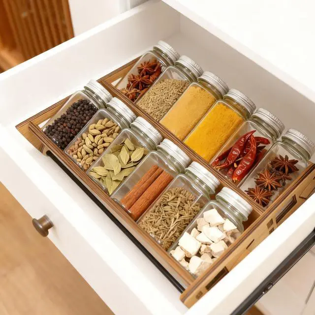 Alt view image 5 of 7 - Spice Rack Organizer Foldable Countertop Spice Organizer for Kitchen Counter Dining Table Farmhouse Wooden Tiered Spice Shelf 11.34x7.7x9.15 Inches(Brown)