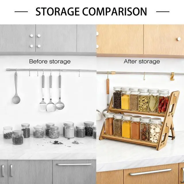 Alt view image 6 of 7 - Spice Rack Organizer Foldable Countertop Spice Organizer for Kitchen Counter Dining Table Farmhouse Wooden Tiered Spice Shelf 11.34x7.7x9.15 Inches(Brown)