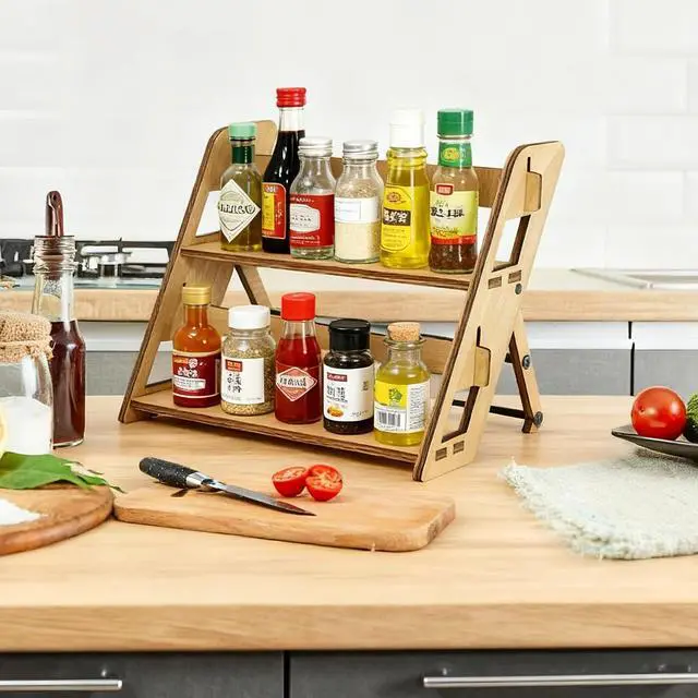 Alt view image 7 of 7 - Spice Rack Organizer Foldable Countertop Spice Organizer for Kitchen Counter Dining Table Farmhouse Wooden Tiered Spice Shelf 11.34x7.7x9.15 Inches(Brown)