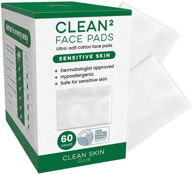 Main image of Clean² Sensitive Skin Face Pads Ultra-Soft 100% Organic Cotton, Fragrance-Free & Lint-Free Makeup Remover & Toner, Dermatologist Approved, 60 Ct (Formerly Cloud Pads)