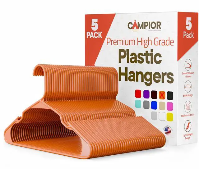 Main image of Plastic Clothes Hangers Heavy Duty Hanger Set, for Organizing Clothes, Dresses, and Coat, Holds Up to 5 lbs, Space-Saving Hangers with Non-Slip Shoulder Grooves, Pack of 5, Orange