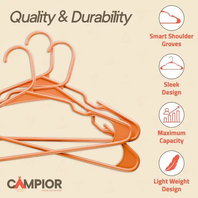 Alt view image 3 of 7 - Plastic Clothes Hangers Heavy Duty Hanger Set, for Organizing Clothes, Dresses, and Coat, Holds Up to 5 lbs, Space-Saving Hangers with Non-Slip Shoulder Grooves, Pack of 5, Orange