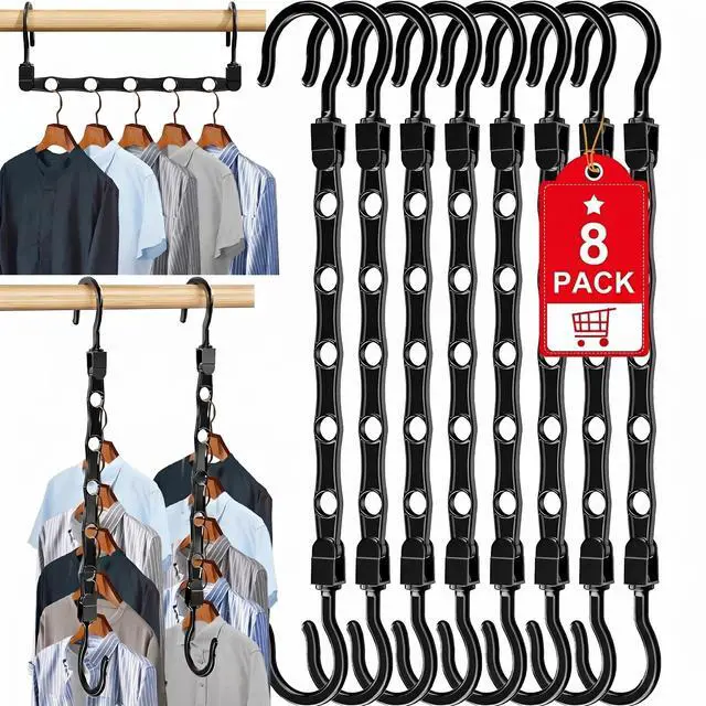 Main image of 8 Pack Hangers Space Saving Magic Space Saver Smart Plastic Hangers Black | Clothes Hanger Organizer Closet Organizers and Storage for Closet Wardrobe Apartment College Dorm Room Essentials