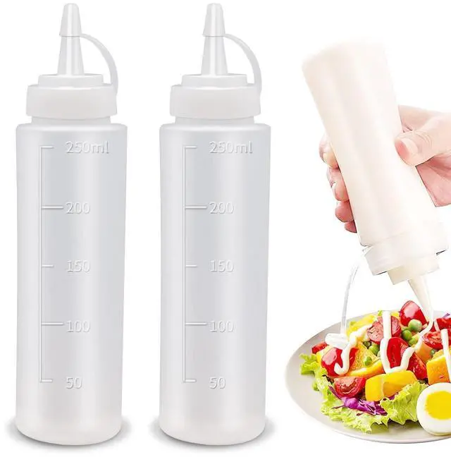 Main image of Condiment Squeeze Bottles, 2-Pack 8 oz Food Grade Plastic Squeeze Bottles For Sauces, Leak Proof Condiment Containers with Twist On Cap LidsEasy Squeeze for Oil, Honey & Dressings
