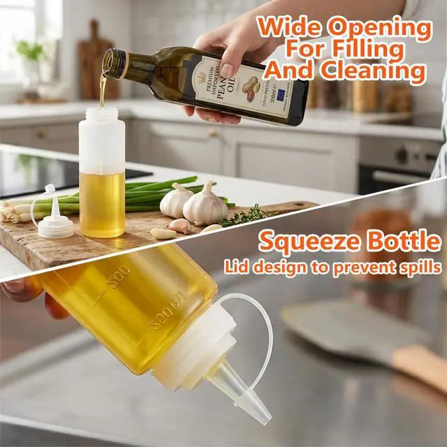 Alt view image 2 of 7 - Condiment Squeeze Bottles, 2-Pack 8 oz Food Grade Plastic Squeeze Bottles For Sauces, Leak Proof Condiment Containers with Twist On Cap LidsEasy Squeeze for Oil, Honey & Dressings