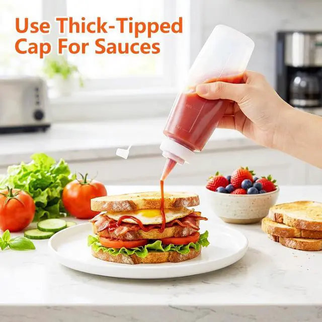 Alt view image 6 of 7 - Condiment Squeeze Bottles, 2-Pack 8 oz Food Grade Plastic Squeeze Bottles For Sauces, Leak Proof Condiment Containers with Twist On Cap LidsEasy Squeeze for Oil, Honey & Dressings